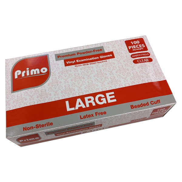 Primo Premium Vinyl Glove Powder Free Large - 100/Box x 10