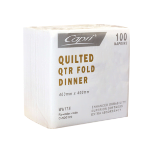 Quilted Dinner 2ply White Napkin QTR fold - 100/SLV x 10