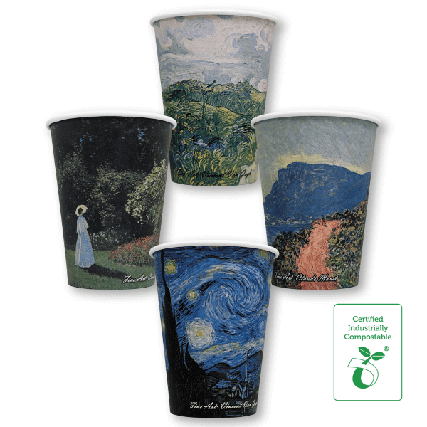12oz Single Wall Compostable Paper Hot Cup Fine Art Series - 50/SLV