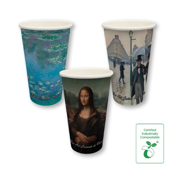 16oz Single Wall Compostable Paper Hot Cup Fine Art Series - D - 50/SLV x 20